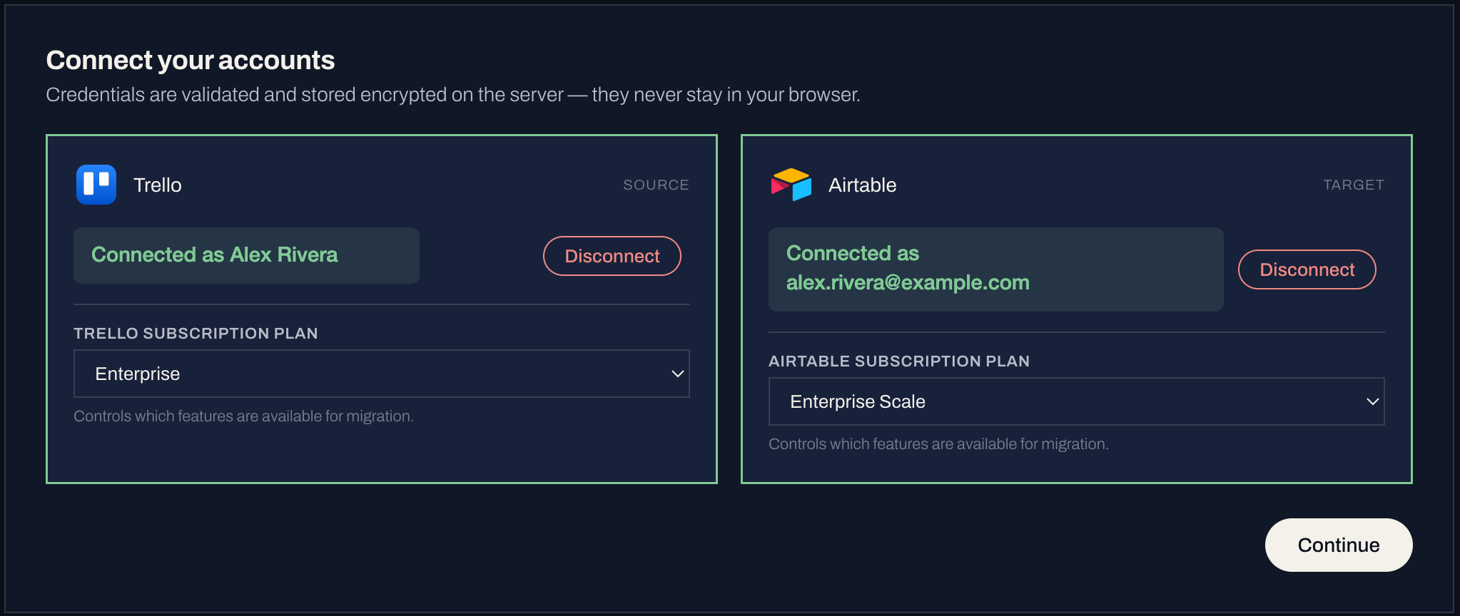 The Connect step in the DatMig migration wizard