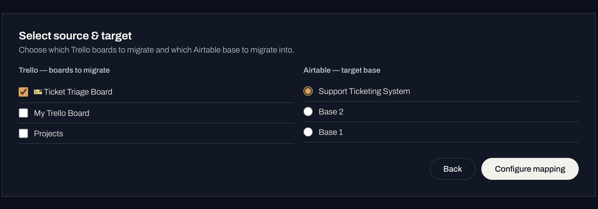 The Select step in the DatMig migration wizard